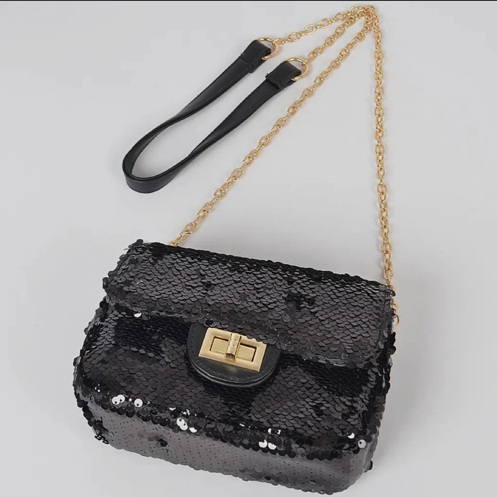 ShopEvelynne Black Sequin Crossbody Bag with Gold Chain - Picture 3 of 4